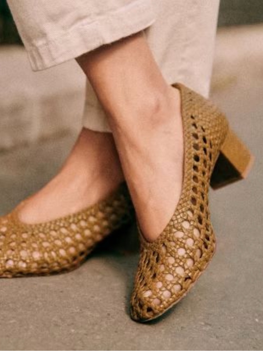 SEZANE Olive Green Brown Woven Braided Leather Low Laura Court Shoes Pumps Heels